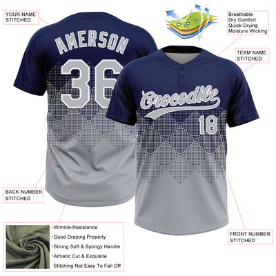 Custom Navy Gray-White 3D Gradient Square Shape Two-Button Unisex Softball Jersey