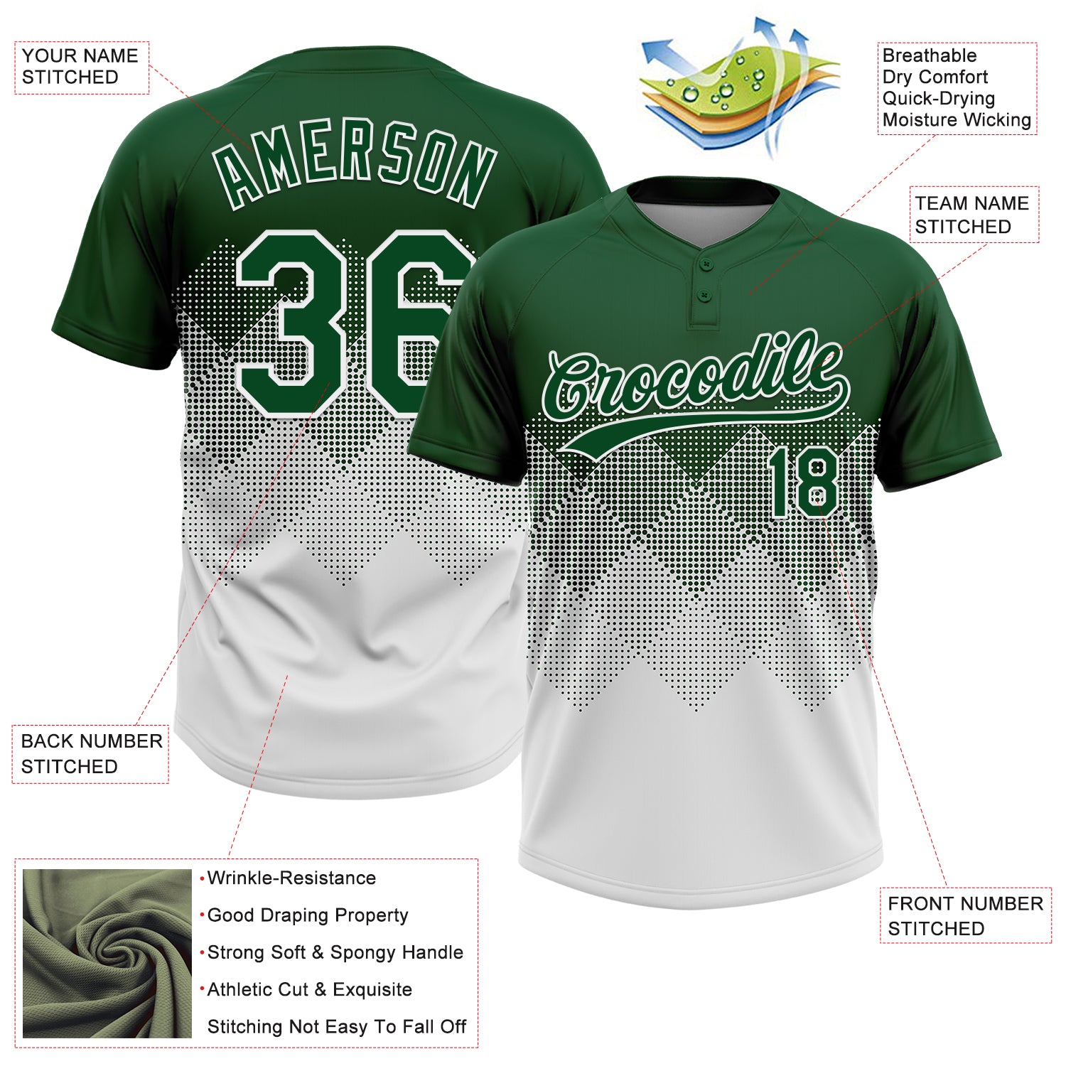 Custom Green White 3D Gradient Square Shape Two-Button Unisex Softball Jersey