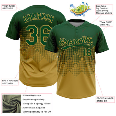 Custom Green Old Gold 3D Gradient Square Shape Two-Button Unisex Softball Jersey