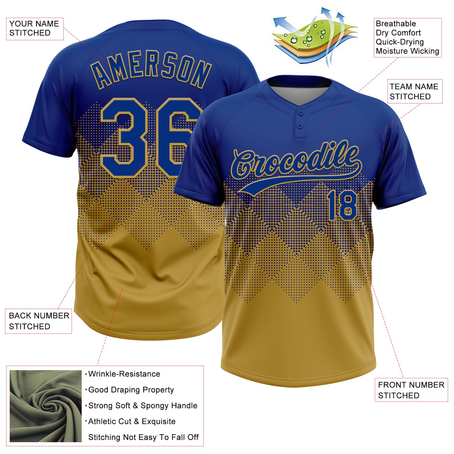 Custom Royal Old Gold 3D Gradient Square Shape Two-Button Unisex Softball Jersey