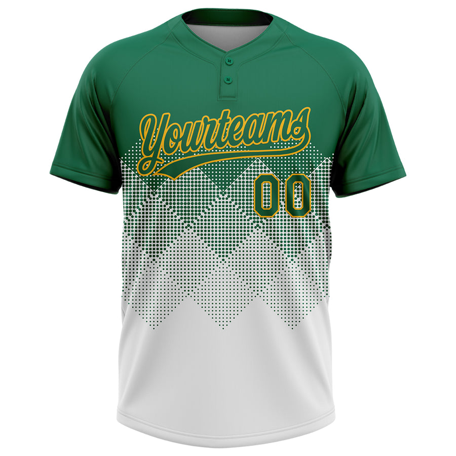 Custom Kelly Green White-Gold 3D Gradient Square Shape Two-Button Unisex Softball Jersey