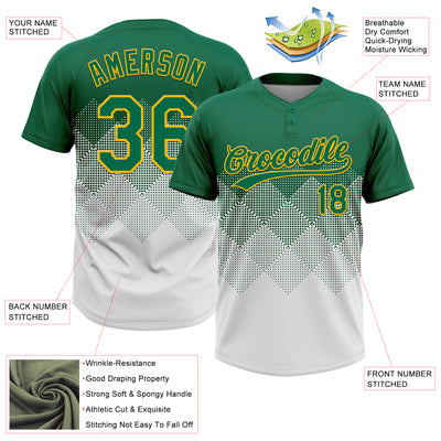 Custom Kelly Green White-Gold 3D Gradient Square Shape Two-Button Unisex Softball Jersey
