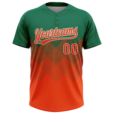 Custom Kelly Green Orange-White 3D Gradient Square Shape Two-Button Unisex Softball Jersey