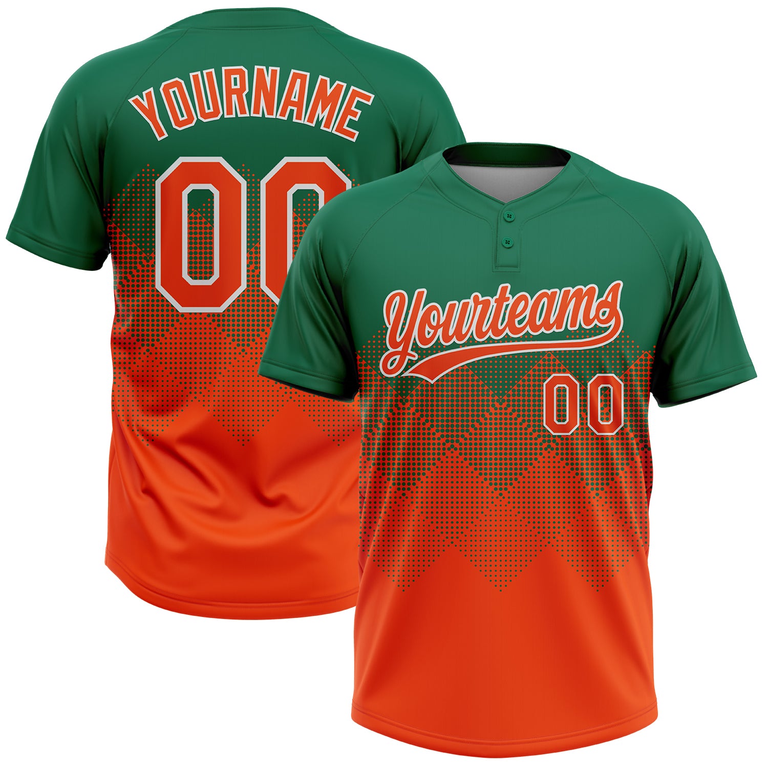 Custom Kelly Green Orange-White 3D Gradient Square Shape Two-Button Unisex Softball Jersey