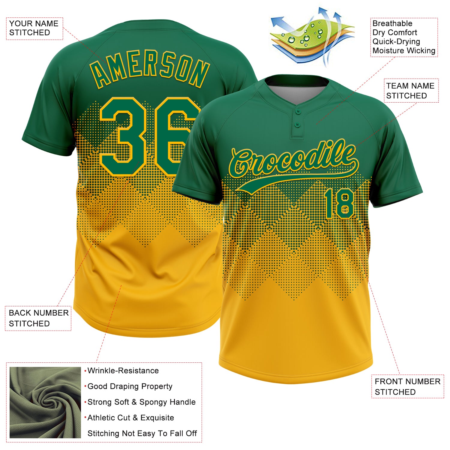 Custom Kelly Green Gold 3D Gradient Square Shape Two-Button Unisex Softball Jersey