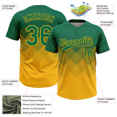 Custom Kelly Green Gold 3D Gradient Square Shape Two-Button Unisex Softball Jersey