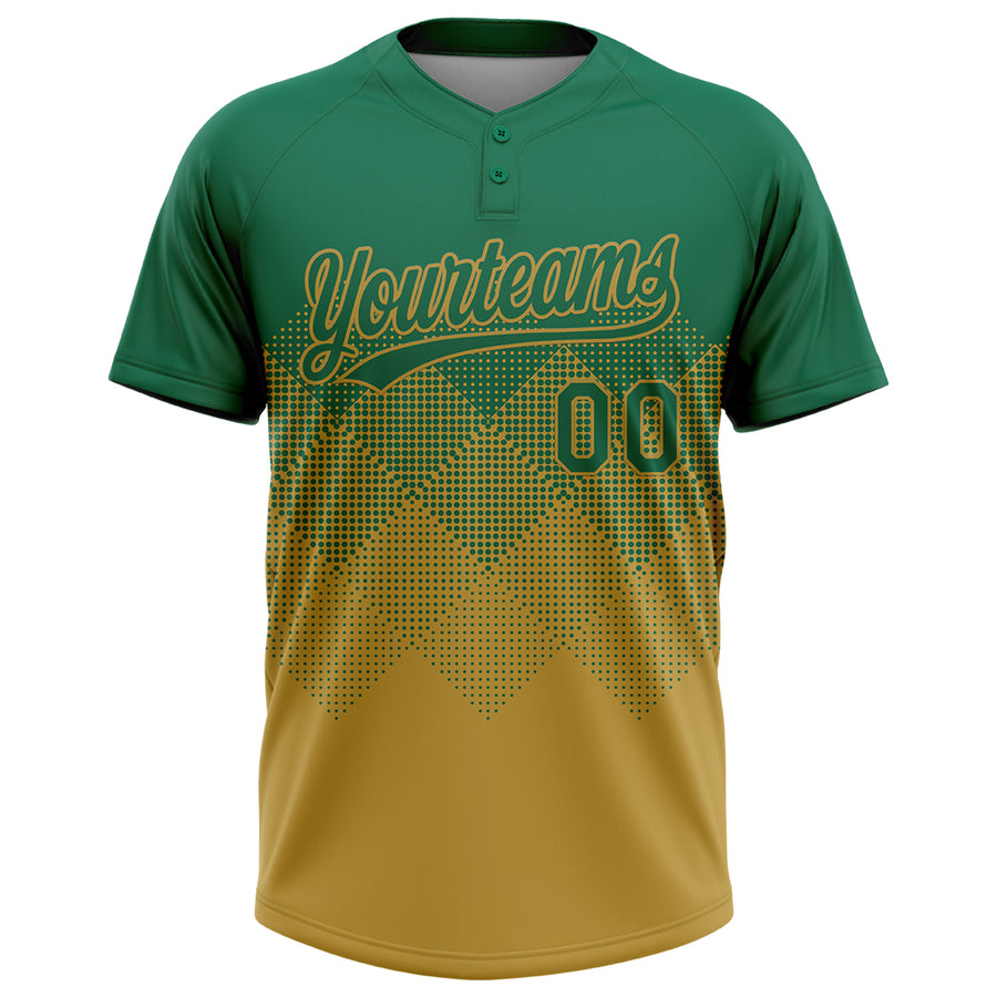 Custom Kelly Green Old Gold 3D Gradient Square Shape Two-Button Unisex Softball Jersey