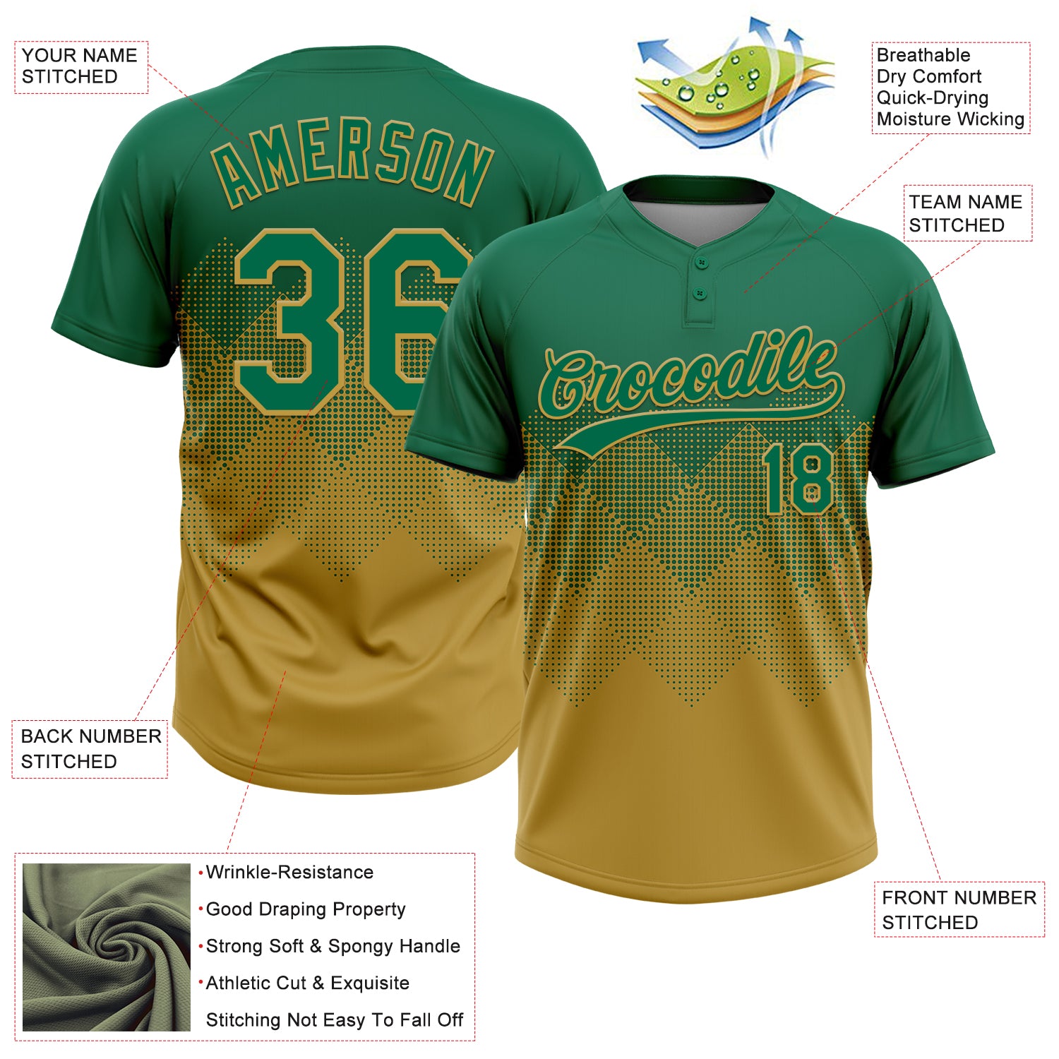 Custom Kelly Green Old Gold 3D Gradient Square Shape Two-Button Unisex Softball Jersey