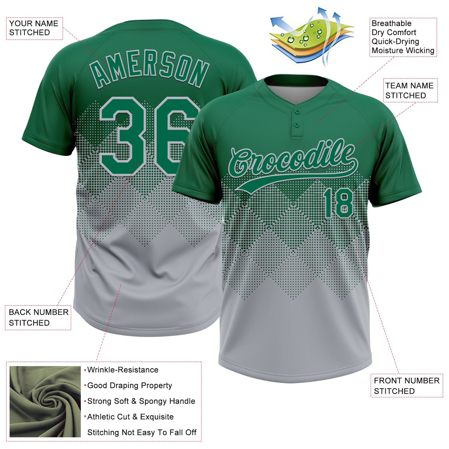Custom Kelly Green Gray 3D Gradient Square Shape Two-Button Unisex Softball Jersey