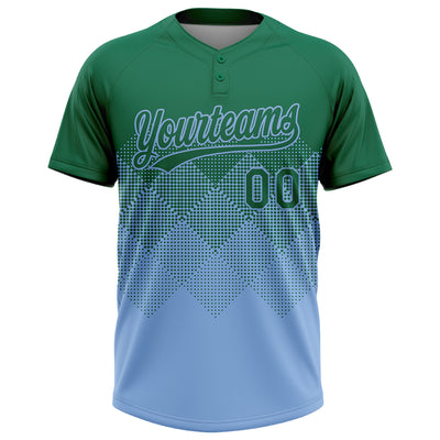Custom Kelly Green Light Blue 3D Gradient Square Shape Two-Button Unisex Softball Jersey