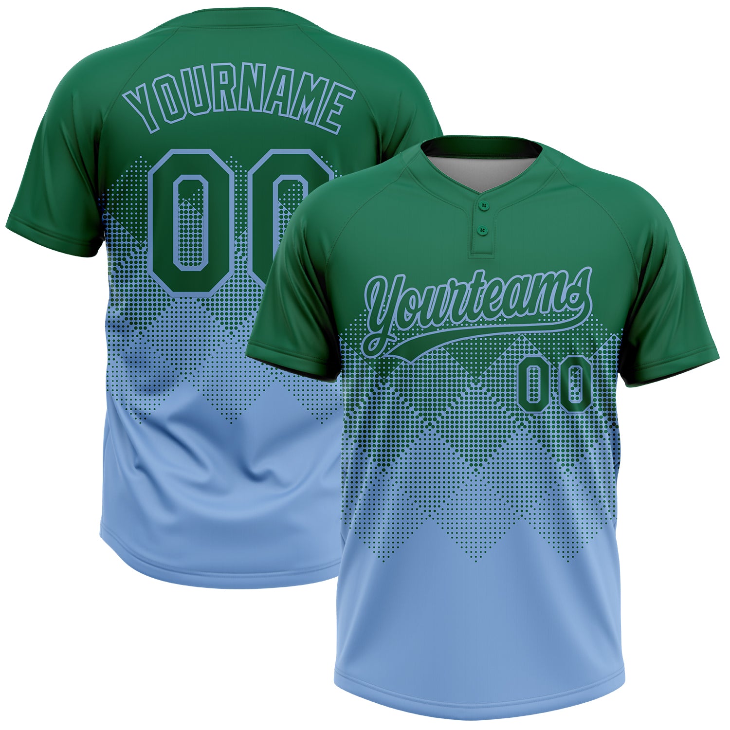 Custom Kelly Green Light Blue 3D Gradient Square Shape Two-Button Unisex Softball Jersey