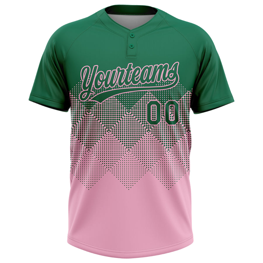 Custom Kelly Green Light Pink 3D Gradient Square Shape Two-Button Unisex Softball Jersey