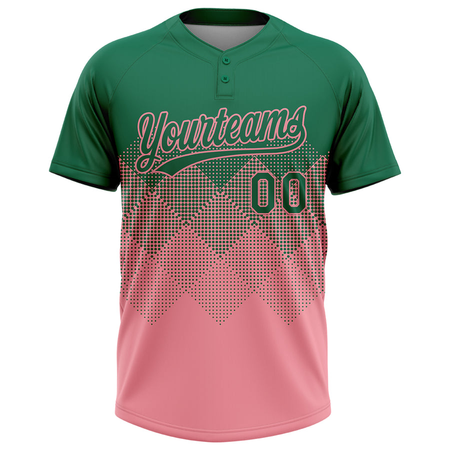 Custom Kelly Green Medium Pink 3D Gradient Square Shape Two-Button Unisex Softball Jersey