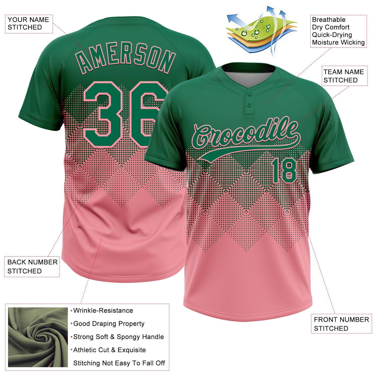 Custom Kelly Green Medium Pink 3D Gradient Square Shape Two-Button Unisex Softball Jersey