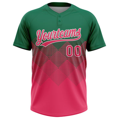 Custom Kelly Green Neon Pink-White 3D Gradient Square Shape Two-Button Unisex Softball Jersey