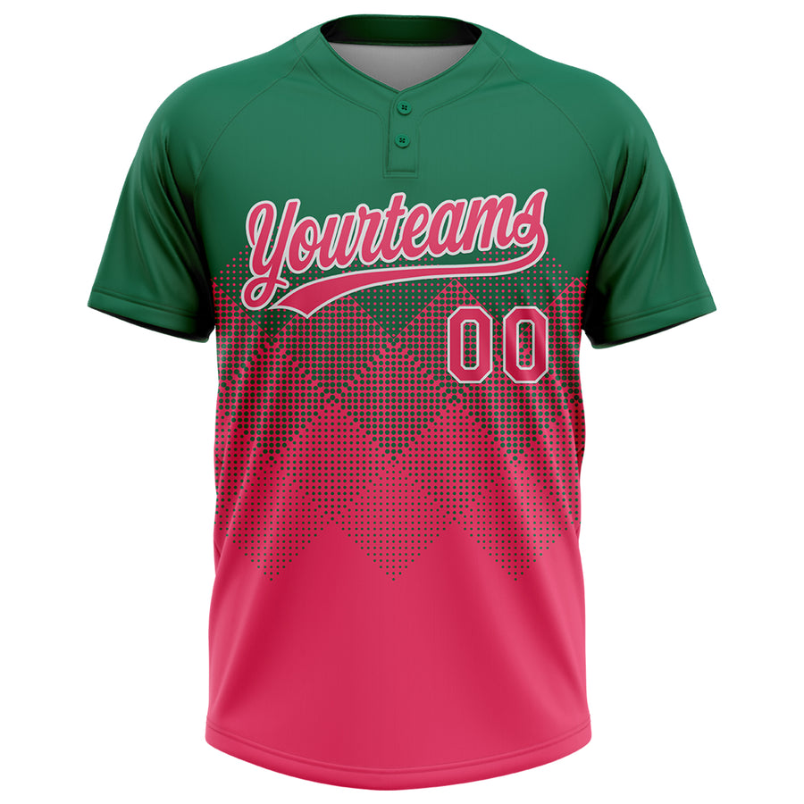 Custom Kelly Green Neon Pink-White 3D Gradient Square Shape Two-Button Unisex Softball Jersey