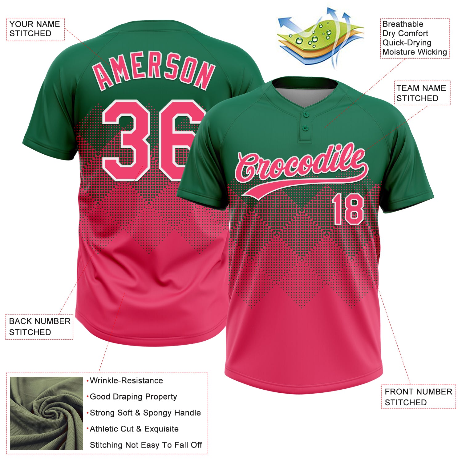 Custom Kelly Green Neon Pink-White 3D Gradient Square Shape Two-Button Unisex Softball Jersey