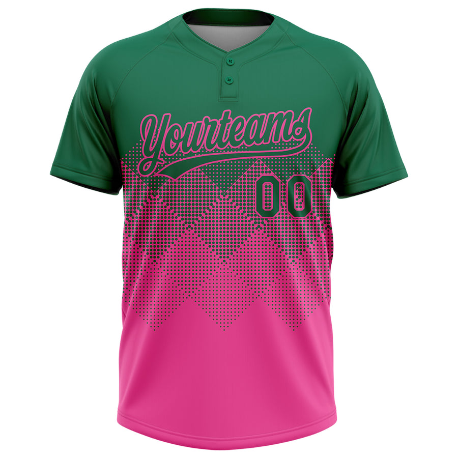 Custom Kelly Green Pink 3D Gradient Square Shape Two-Button Unisex Softball Jersey