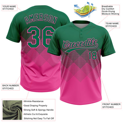 Custom Kelly Green Pink 3D Gradient Square Shape Two-Button Unisex Softball Jersey