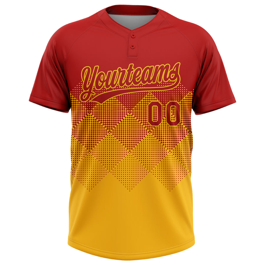 Custom Red Gold 3D Gradient Square Shape Two-Button Unisex Softball Jersey