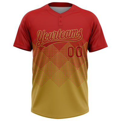 Custom Red Old Gold 3D Gradient Square Shape Two-Button Unisex Softball Jersey