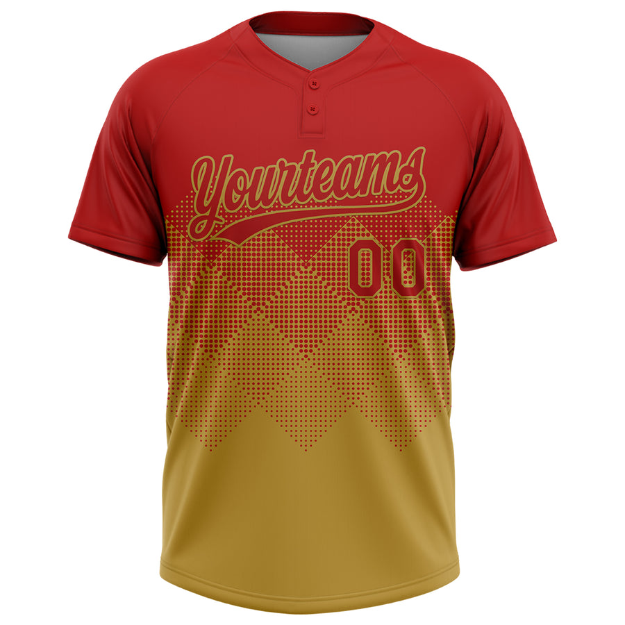 Custom Red Old Gold 3D Gradient Square Shape Two-Button Unisex Softball Jersey