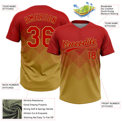 Custom Red Old Gold 3D Gradient Square Shape Two-Button Unisex Softball Jersey