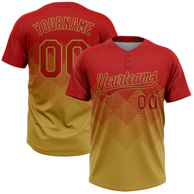 Custom Red Old Gold 3D Gradient Square Shape Two-Button Unisex Softball Jersey