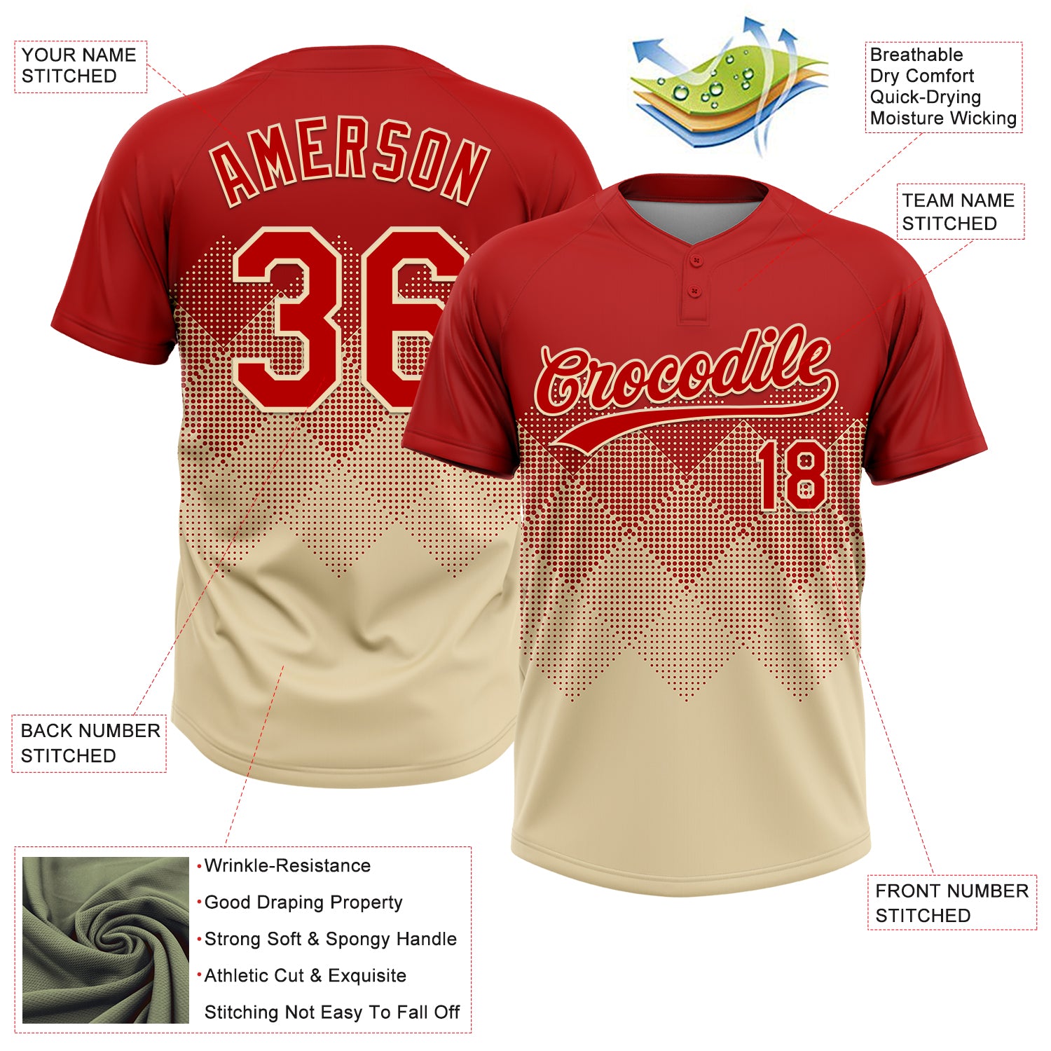 Custom Red Cream 3D Gradient Square Shape Two-Button Unisex Softball Jersey