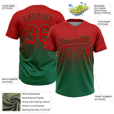 Custom Red Kelly Green 3D Gradient Square Shape Two-Button Unisex Softball Jersey