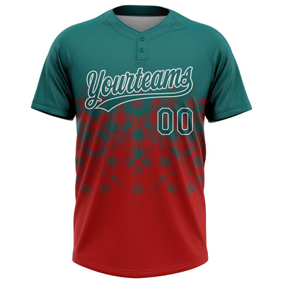 Custom Teal Red-White 3D Gradient Square Shape Two-Button Unisex Softball Jersey