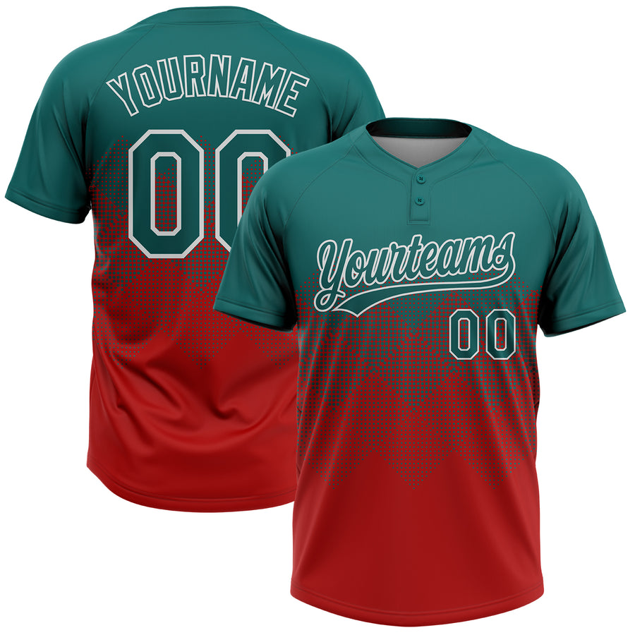 Custom Teal Red-White 3D Gradient Square Shape Two-Button Unisex Softball Jersey