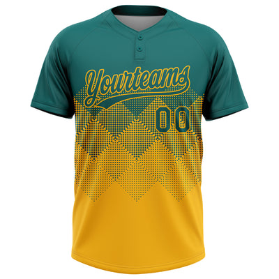 Custom Teal Gold 3D Gradient Square Shape Two-Button Unisex Softball Jersey