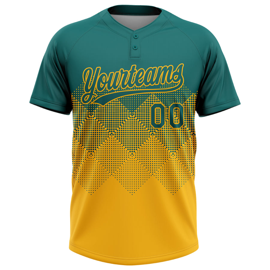 Custom Teal Gold 3D Gradient Square Shape Two-Button Unisex Softball Jersey
