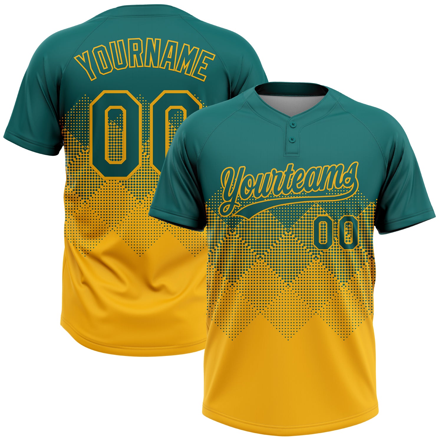 Custom Teal Gold 3D Gradient Square Shape Two-Button Unisex Softball Jersey