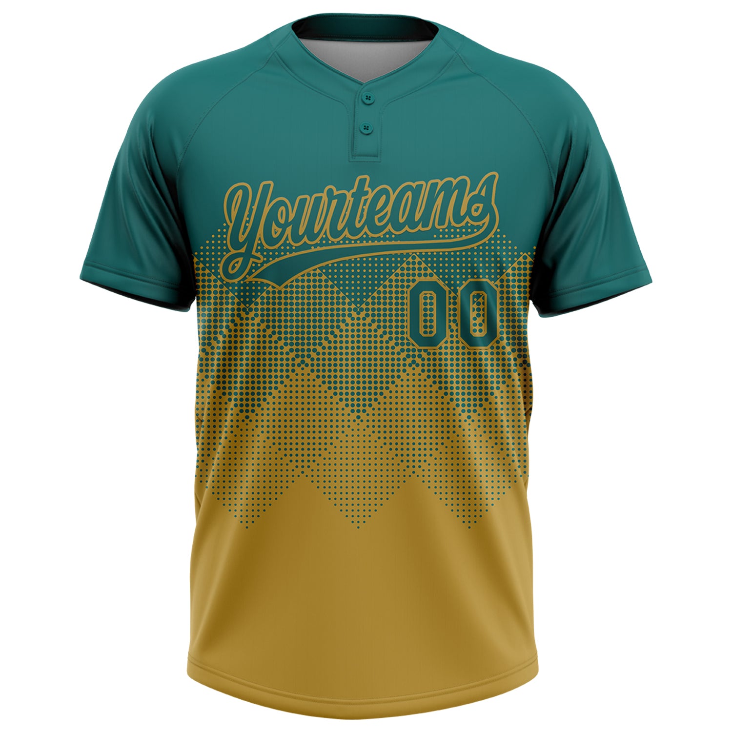 Custom Teal Old Gold 3D Gradient Square Shape Two-Button Unisex Softball Jersey