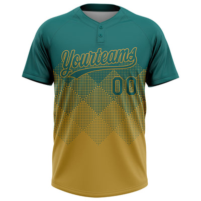 Custom Teal Old Gold 3D Gradient Square Shape Two-Button Unisex Softball Jersey