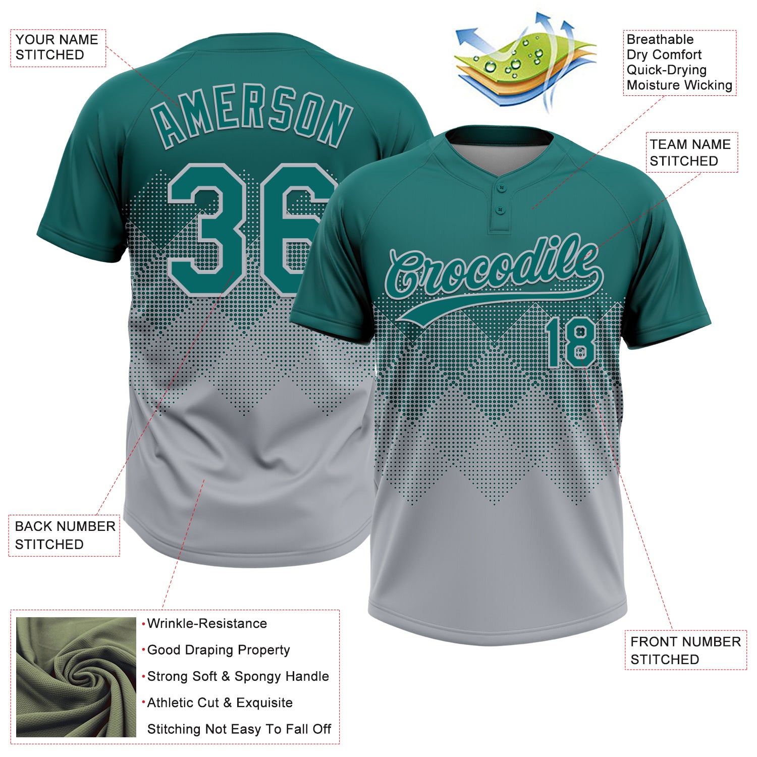 Custom Teal Gray 3D Gradient Square Shape Two-Button Unisex Softball Jersey