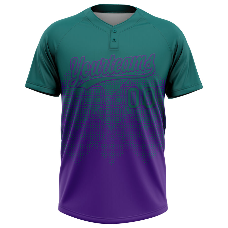 Custom Teal Purple 3D Gradient Square Shape Two-Button Unisex Softball Jersey