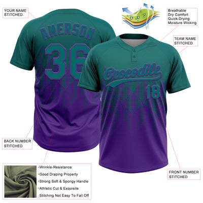 Custom Teal Purple 3D Gradient Square Shape Two-Button Unisex Softball Jersey