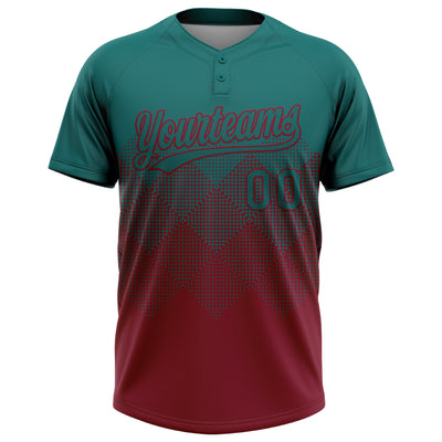 Custom Teal Crimson 3D Gradient Square Shape Two-Button Unisex Softball Jersey