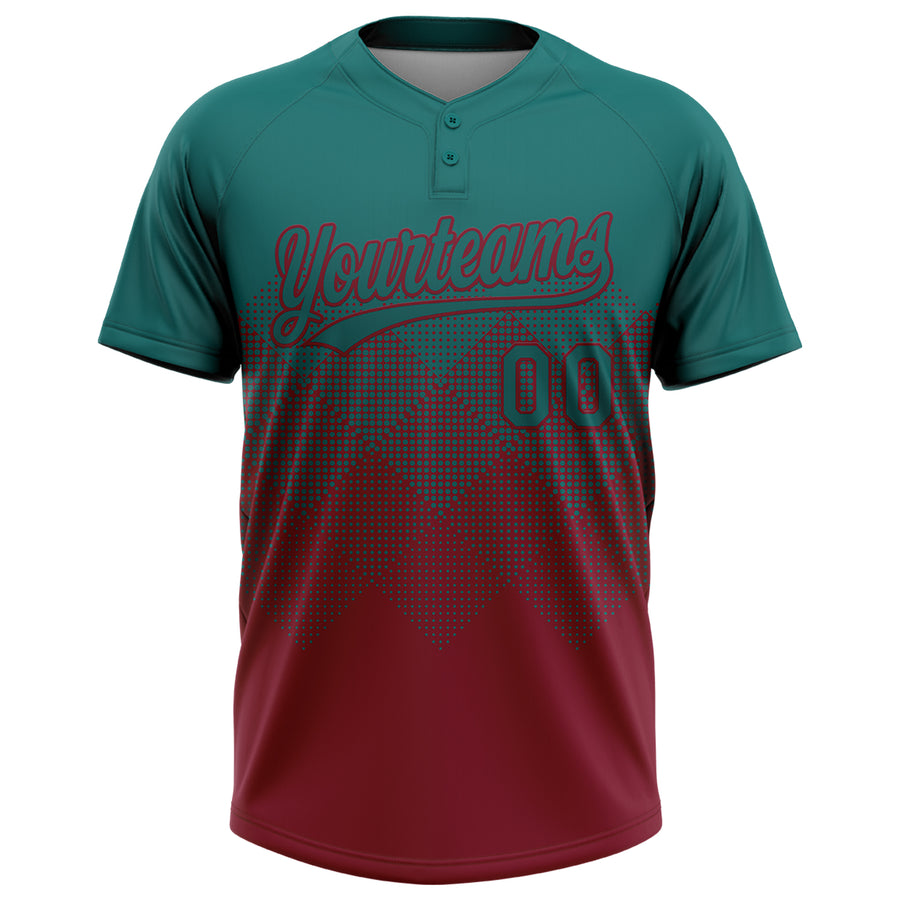 Custom Teal Crimson 3D Gradient Square Shape Two-Button Unisex Softball Jersey