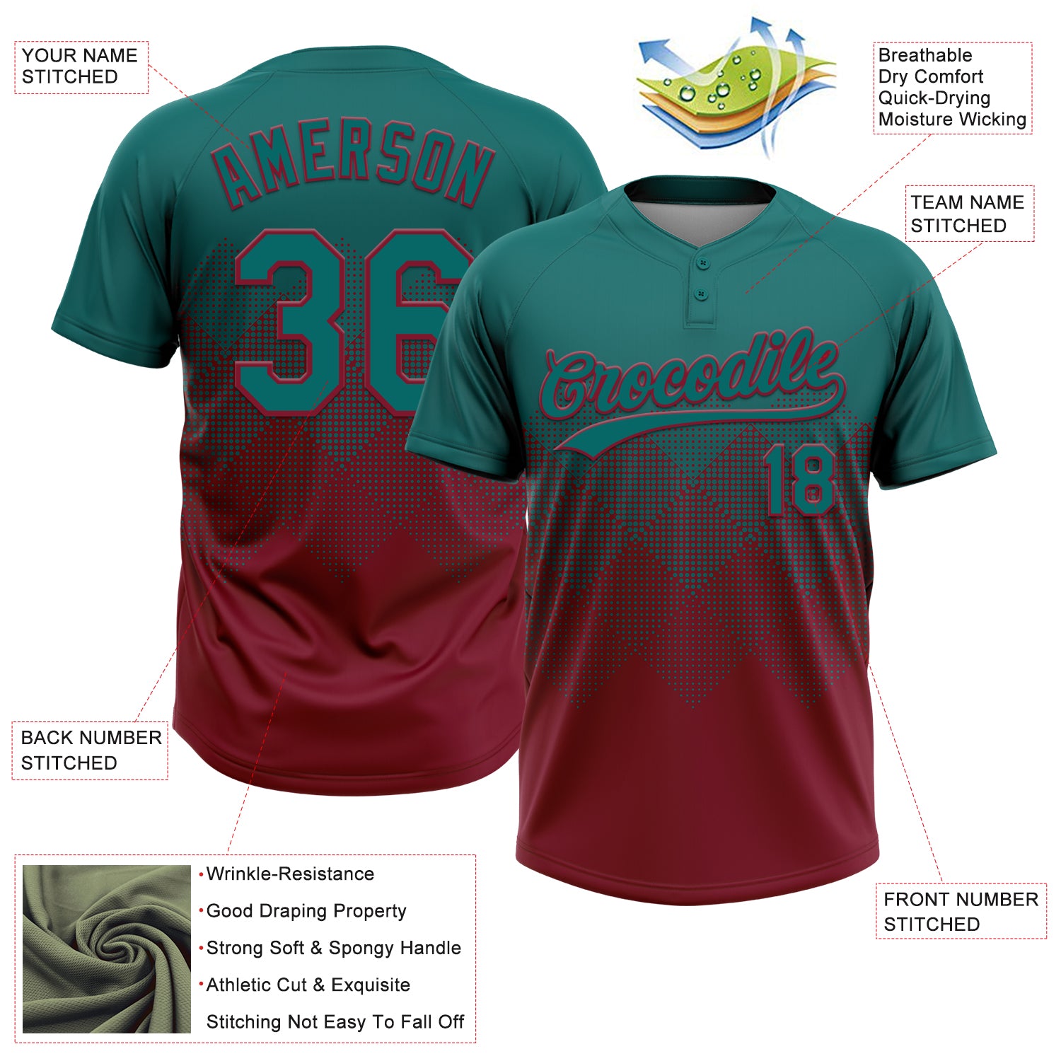 Custom Teal Crimson 3D Gradient Square Shape Two-Button Unisex Softball Jersey