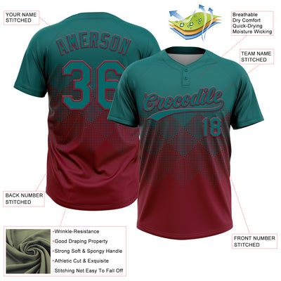 Custom Teal Crimson 3D Gradient Square Shape Two-Button Unisex Softball Jersey