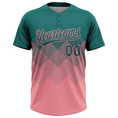 Custom Teal Medium Pink 3D Gradient Square Shape Two-Button Unisex Softball Jersey