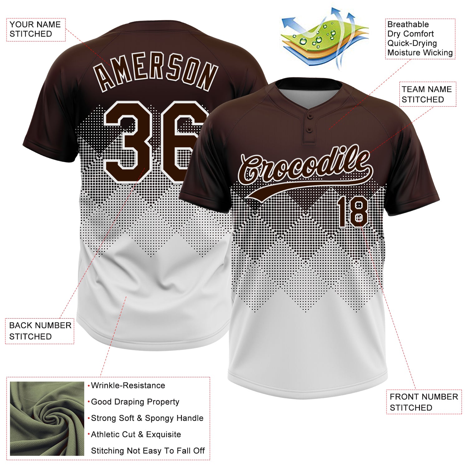 Custom Brown White 3D Gradient Square Shape Two-Button Unisex Softball Jersey