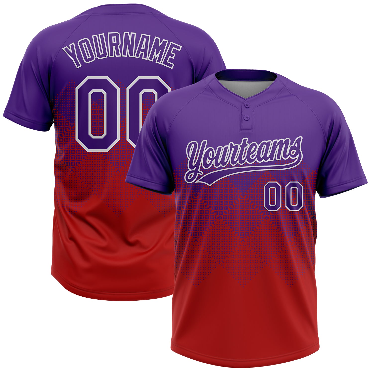 Custom Purple Red-White 3D Gradient Square Shape Two-Button Unisex Softball Jersey