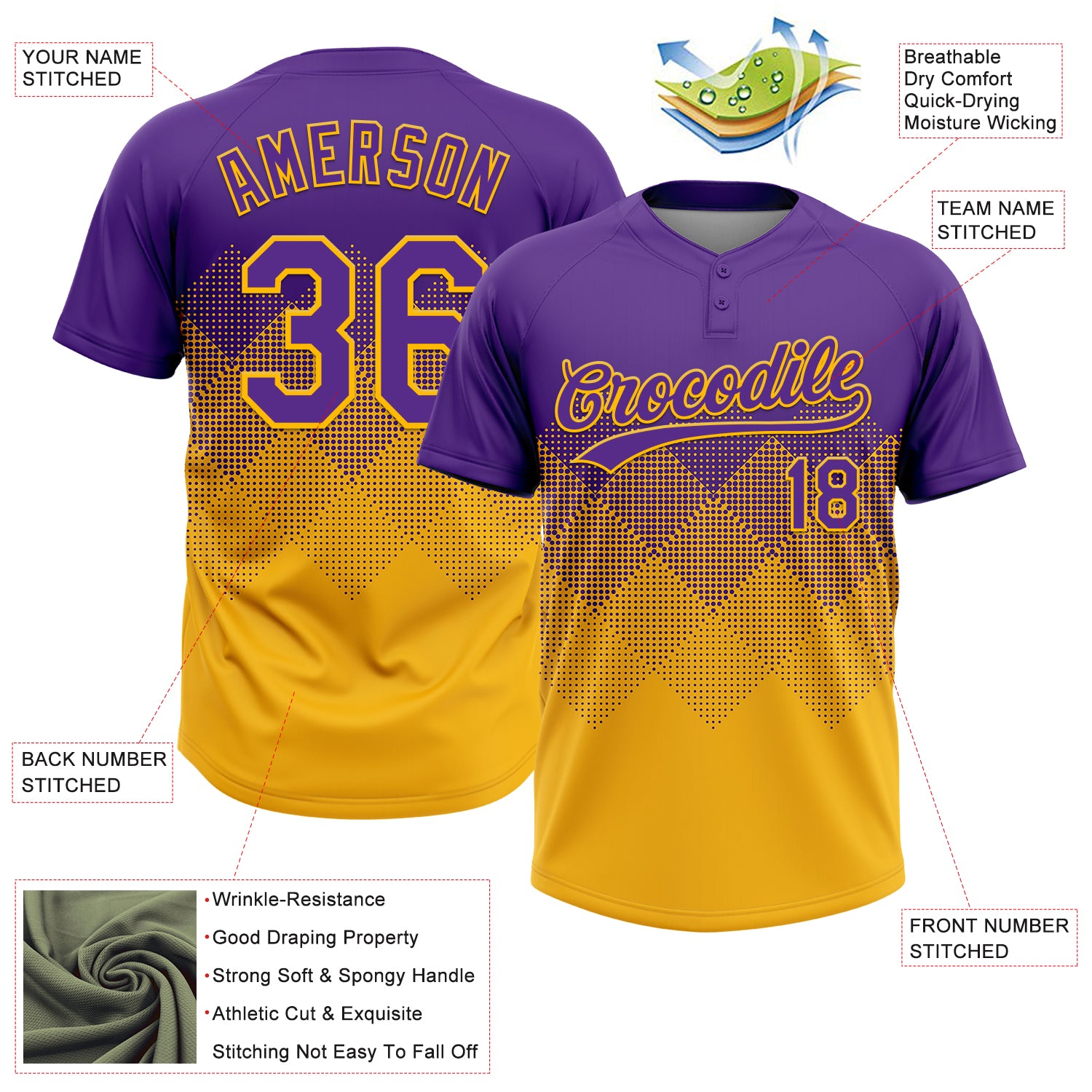 Custom Purple Gold 3D Gradient Square Shape Two-Button Unisex Softball Jersey