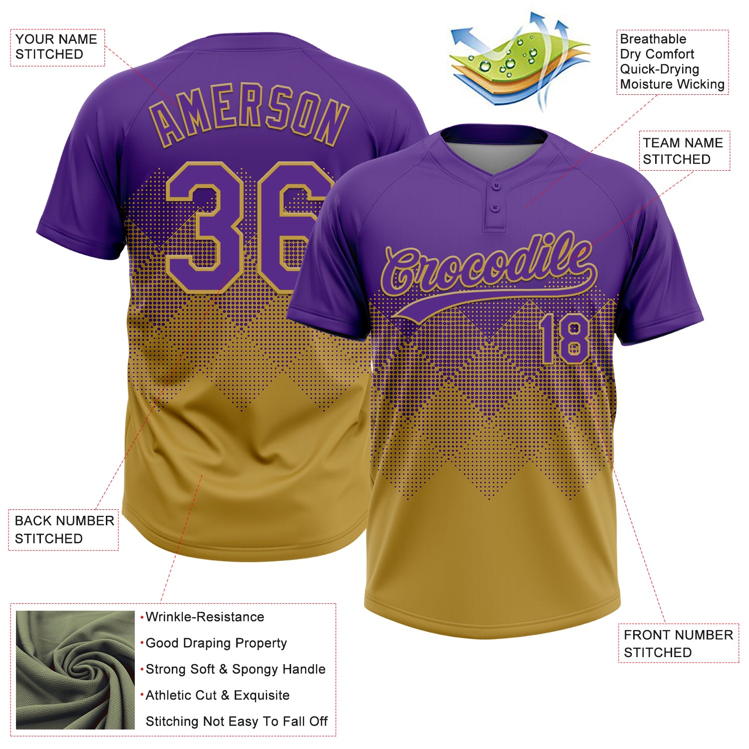 Custom Purple Old Gold 3D Gradient Square Shape Two-Button Unisex Softball Jersey