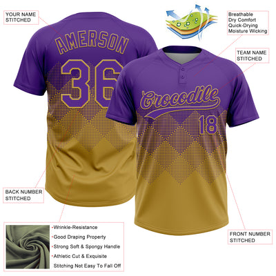 Custom Purple Old Gold 3D Gradient Square Shape Two-Button Unisex Softball Jersey